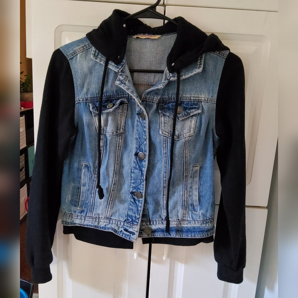 Highway Jeans Blue Denim Jacket with Sweatshirt Sleeves And Hood